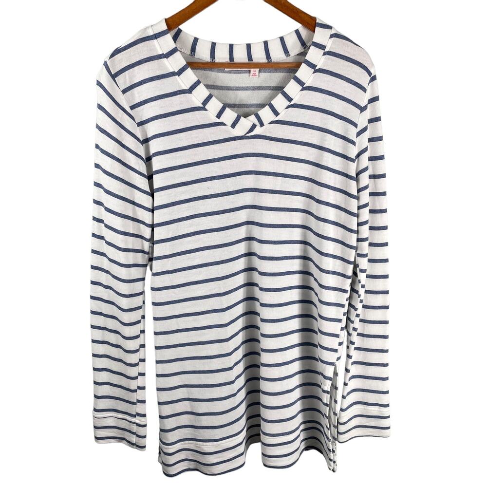 Fresh‎ Produce Shirt Women's Large White Blue Stripe Long Sleeve Pullover V Neck
